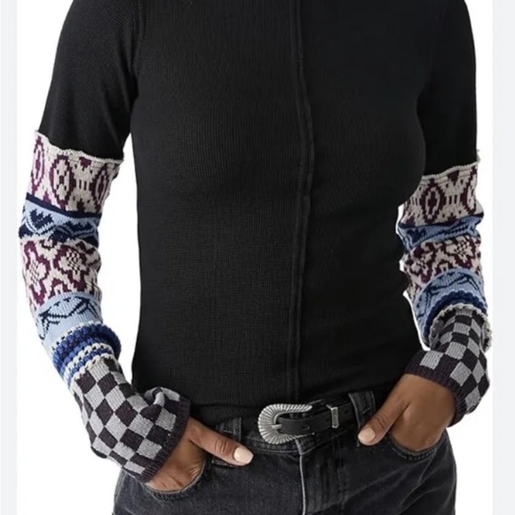 NWT Free People Thermal Black Combo Cuff Long Sleeve Shirt XS - Picture 3 of 3